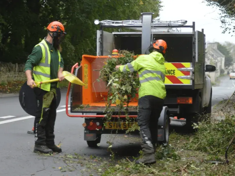 Two tree surgeons throwing plant debris into a woodchipper